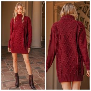 NWOT Lulus Cuddle Up Close Burgundy Cable Knit Turtleneck Sweater Dress Small